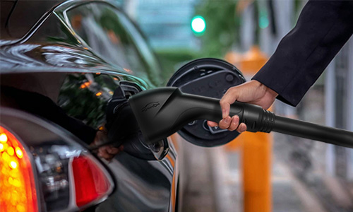 Workersbee liquid-cooled CCS2 DC connector in EV charging application at a commercial charging site